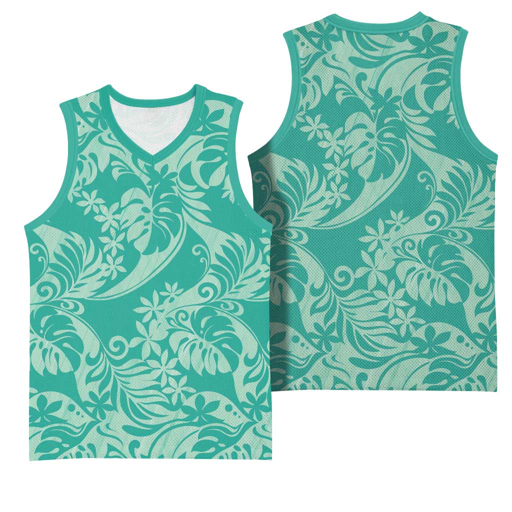 Tahiti Teal Tiare Floral Basketball Jersey Monstera Palm Tropical Leaves - Polynesian Pride