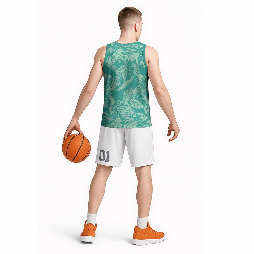 Tahiti Teal Tiare Floral Basketball Jersey Monstera Palm Tropical Leaves - Polynesian Pride