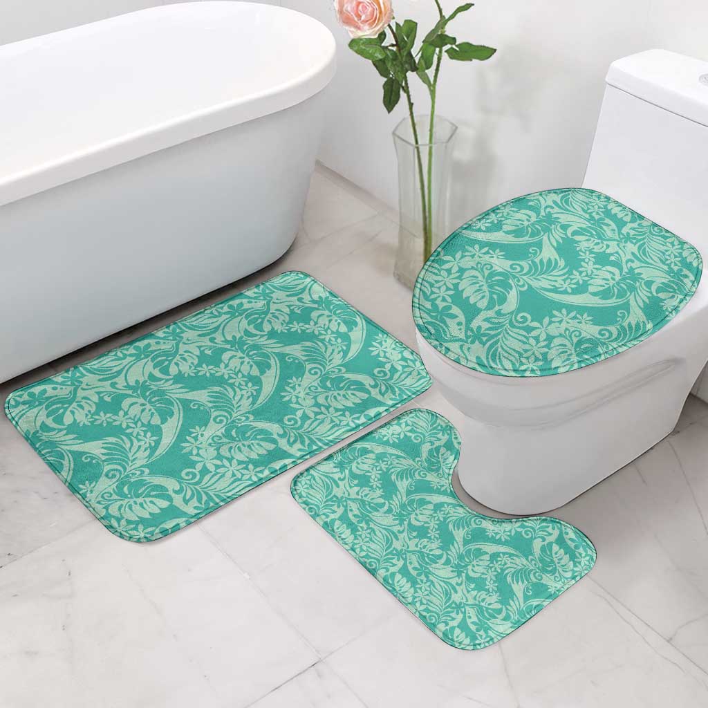 Tahiti Teal Tiare Floral Bathroom Set Monstera Palm Tropical Leaves - Polynesian Pride