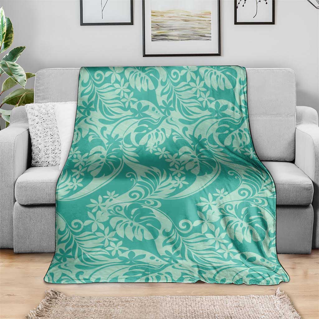Tahiti Teal Tiare Floral Blanket Monstera Palm Tropical Leaves - Polynesian Pride