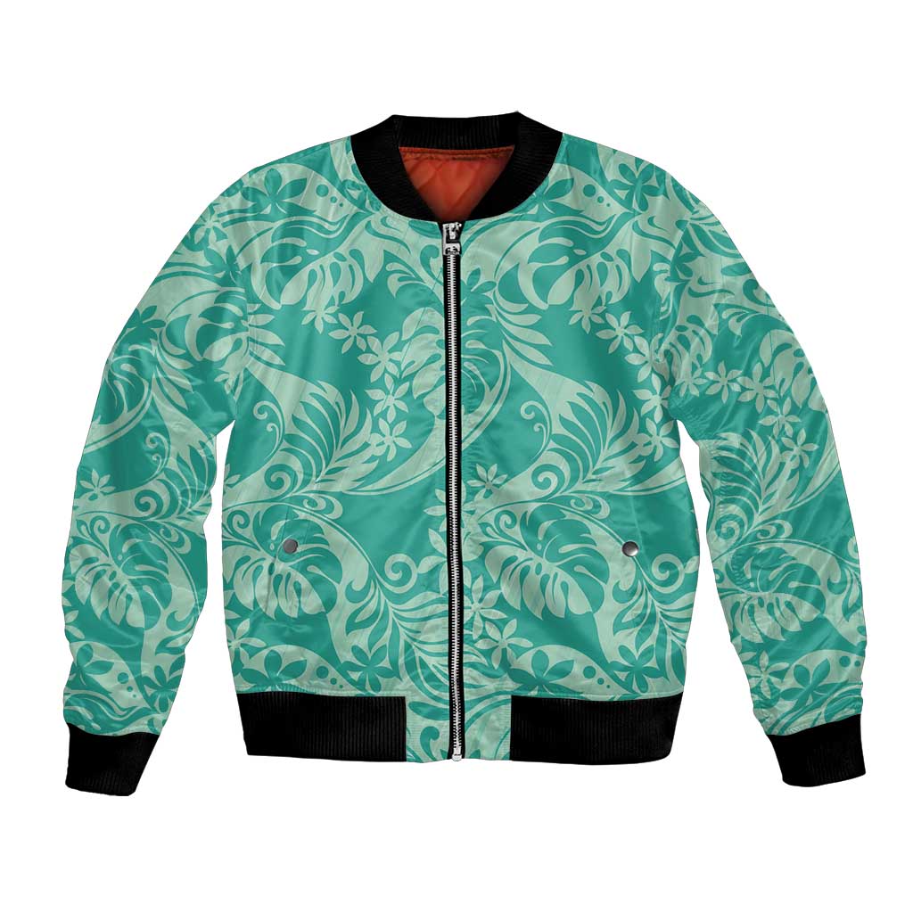 Tahiti Teal Tiare Floral Bomber Jacket Monstera Palm Tropical Leaves - Polynesian Pride