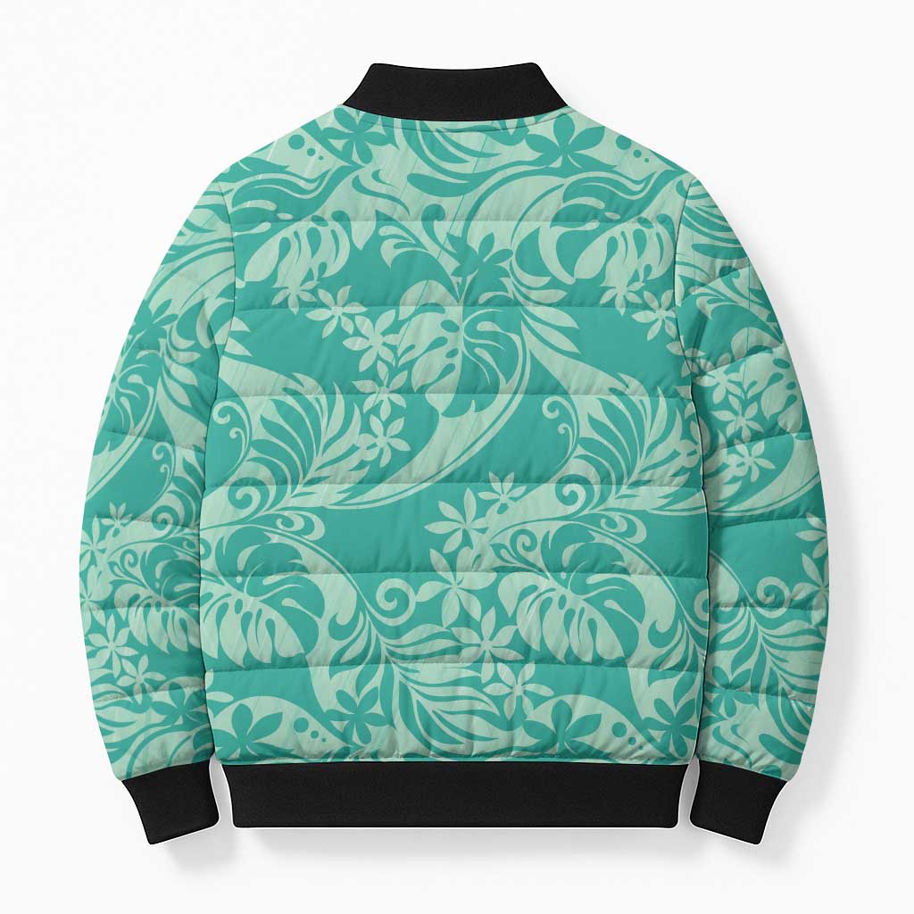 Tahiti Teal Tiare Floral Bomber Puffer Jacket Monstera Palm Tropical Leaves - Polynesian Pride