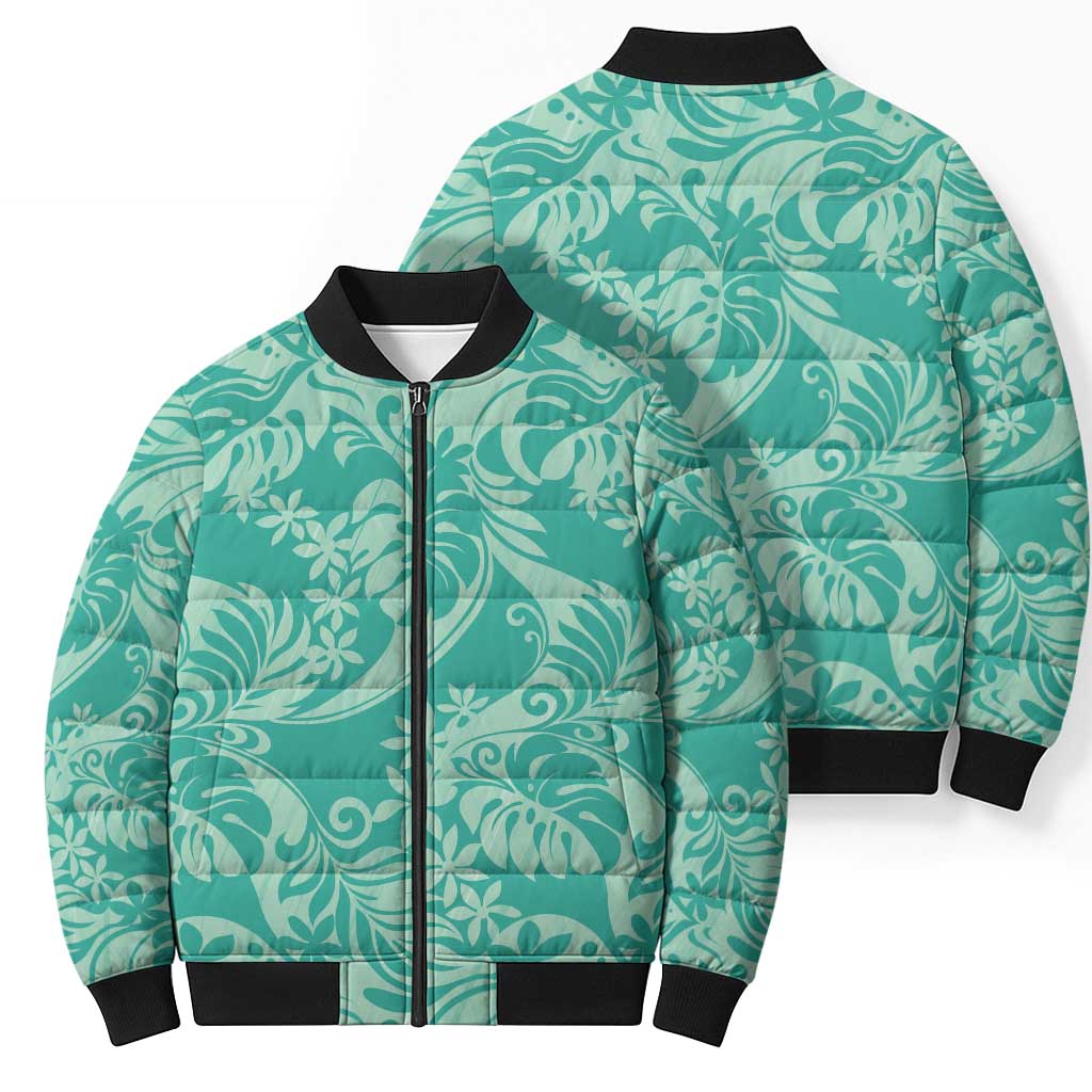 Tahiti Teal Tiare Floral Bomber Puffer Jacket Monstera Palm Tropical Leaves - Polynesian Pride