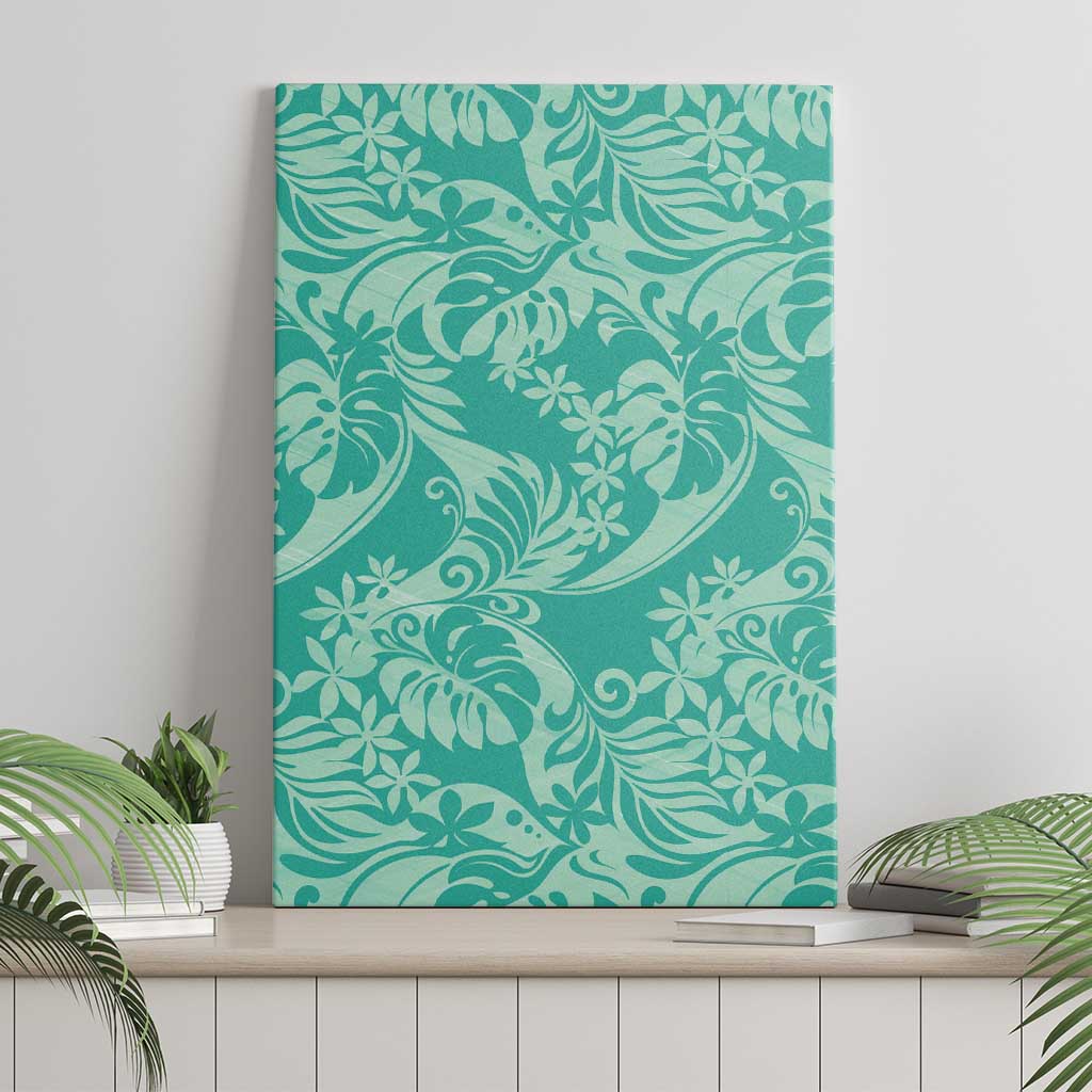 Tahiti Teal Tiare Floral Canvas Wall Art Monstera Palm Tropical Leaves - Polynesian Pride