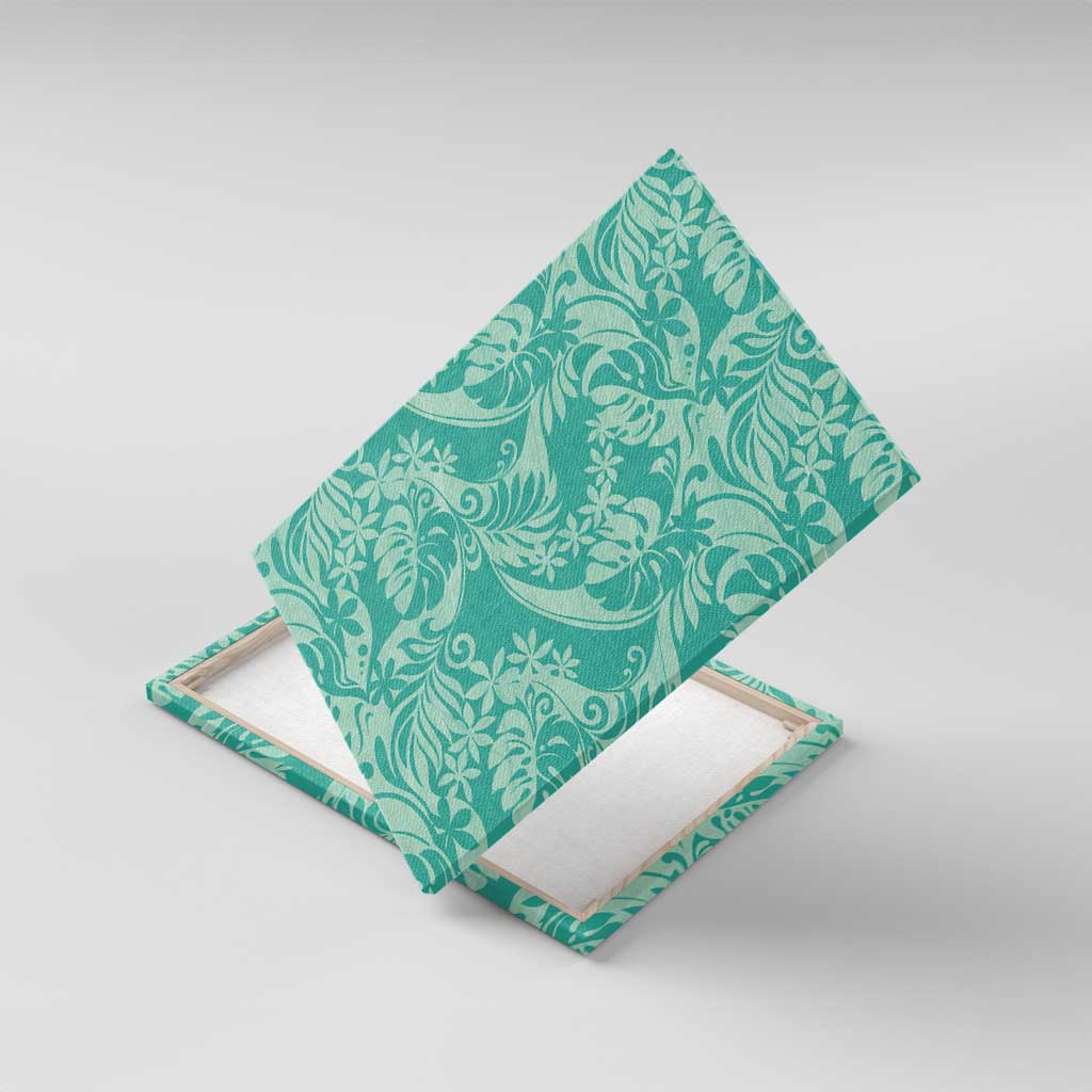 Tahiti Teal Tiare Floral Canvas Wall Art Monstera Palm Tropical Leaves - Polynesian Pride