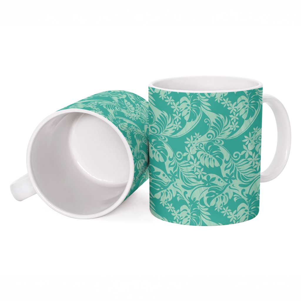 Tahiti Teal Tiare Floral Ceramic Mug Monstera Palm Tropical Leaves - Polynesian Pride