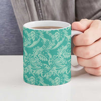 Tahiti Teal Tiare Floral Ceramic Mug Monstera Palm Tropical Leaves - Polynesian Pride