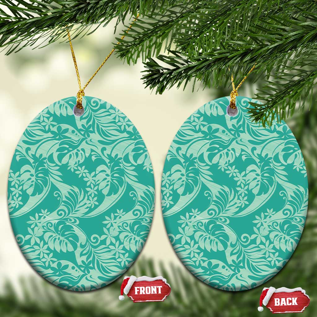 Tahiti Teal Tiare Floral Ceramic Ornament Monstera Palm Tropical Leaves - Polynesian Pride