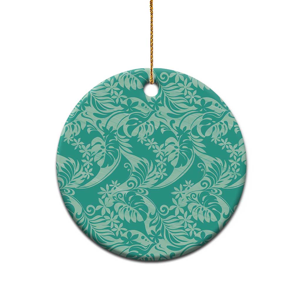 Tahiti Teal Tiare Floral Ceramic Ornament Monstera Palm Tropical Leaves - Polynesian Pride