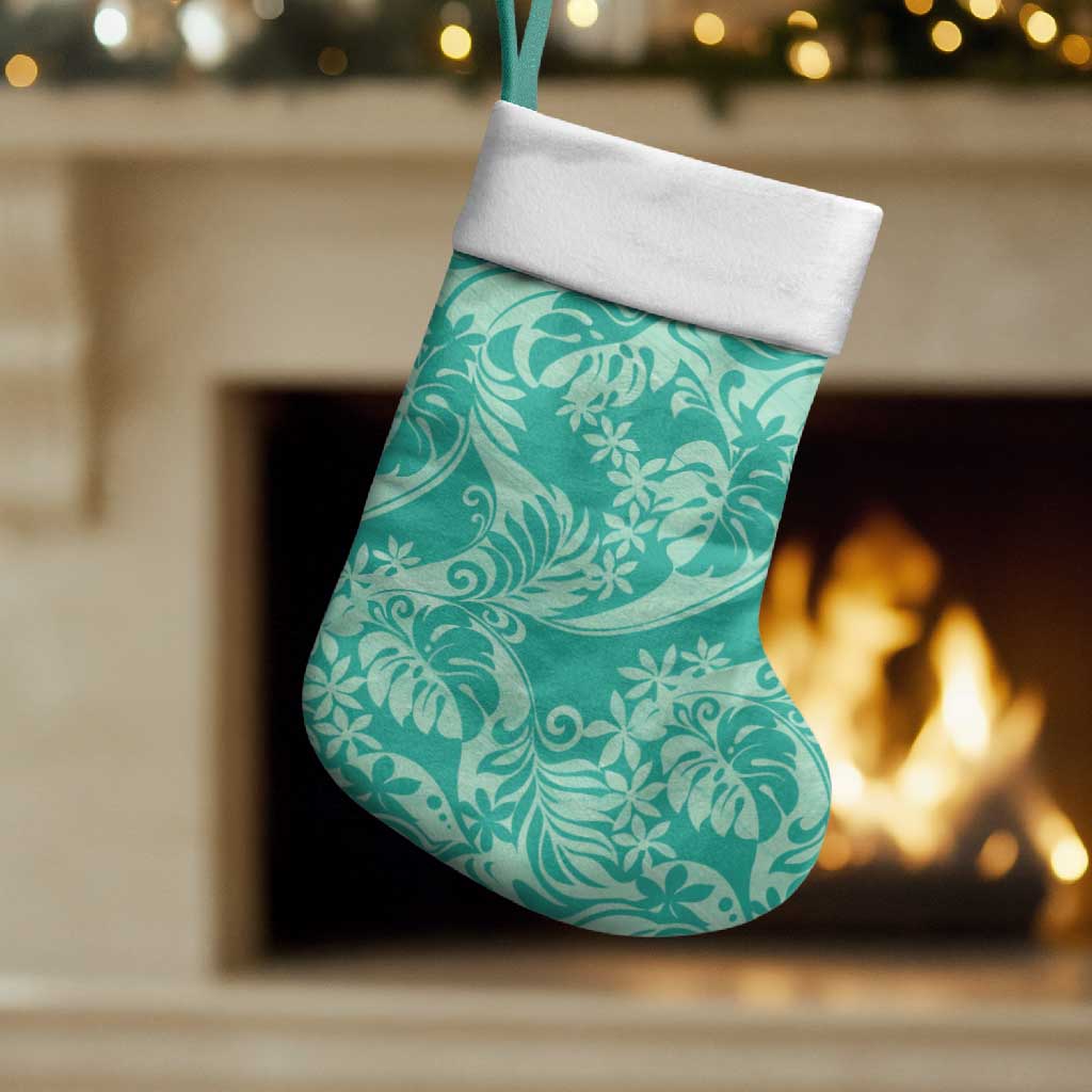 Tahiti Teal Tiare Floral Christmas Stocking Monstera Palm Tropical Leaves - Polynesian Pride