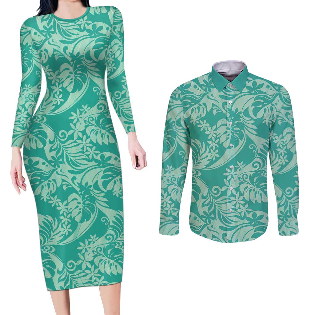 Tahiti Teal Tiare Floral Couples Matching Long Sleeve Bodycon Dress and Long Sleeve Button Shirt Monstera Palm Tropical Leaves - Polynesian Pride