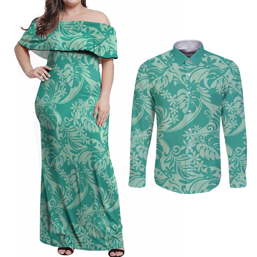 Tahiti Teal Tiare Floral Couples Matching Off Shoulder Maxi Dress and Long Sleeve Button Shirt Monstera Palm Tropical Leaves - Polynesian Pride