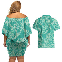 Tahiti Teal Tiare Floral Couples Matching Off Shoulder Short Dress and Hawaiian Shirt Monstera Palm Tropical Leaves - Polynesian Pride
