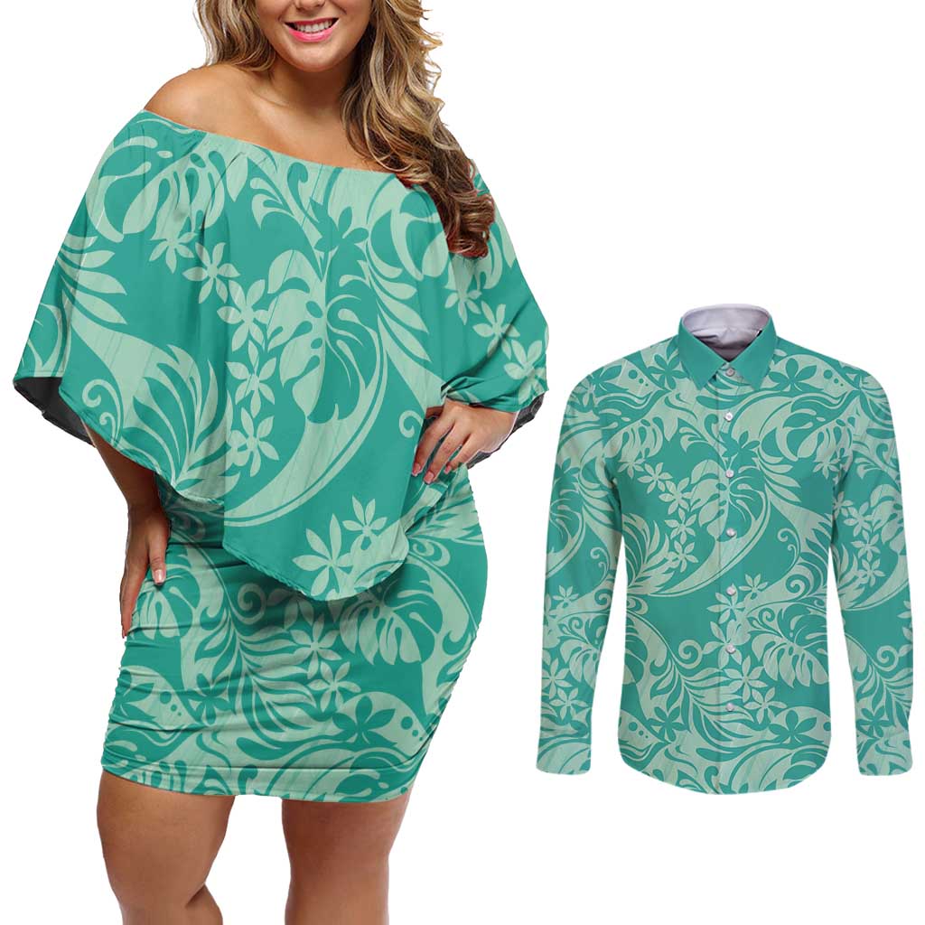 Tahiti Teal Tiare Floral Couples Matching Off Shoulder Short Dress and Long Sleeve Button Shirt Monstera Palm Tropical Leaves - Polynesian Pride
