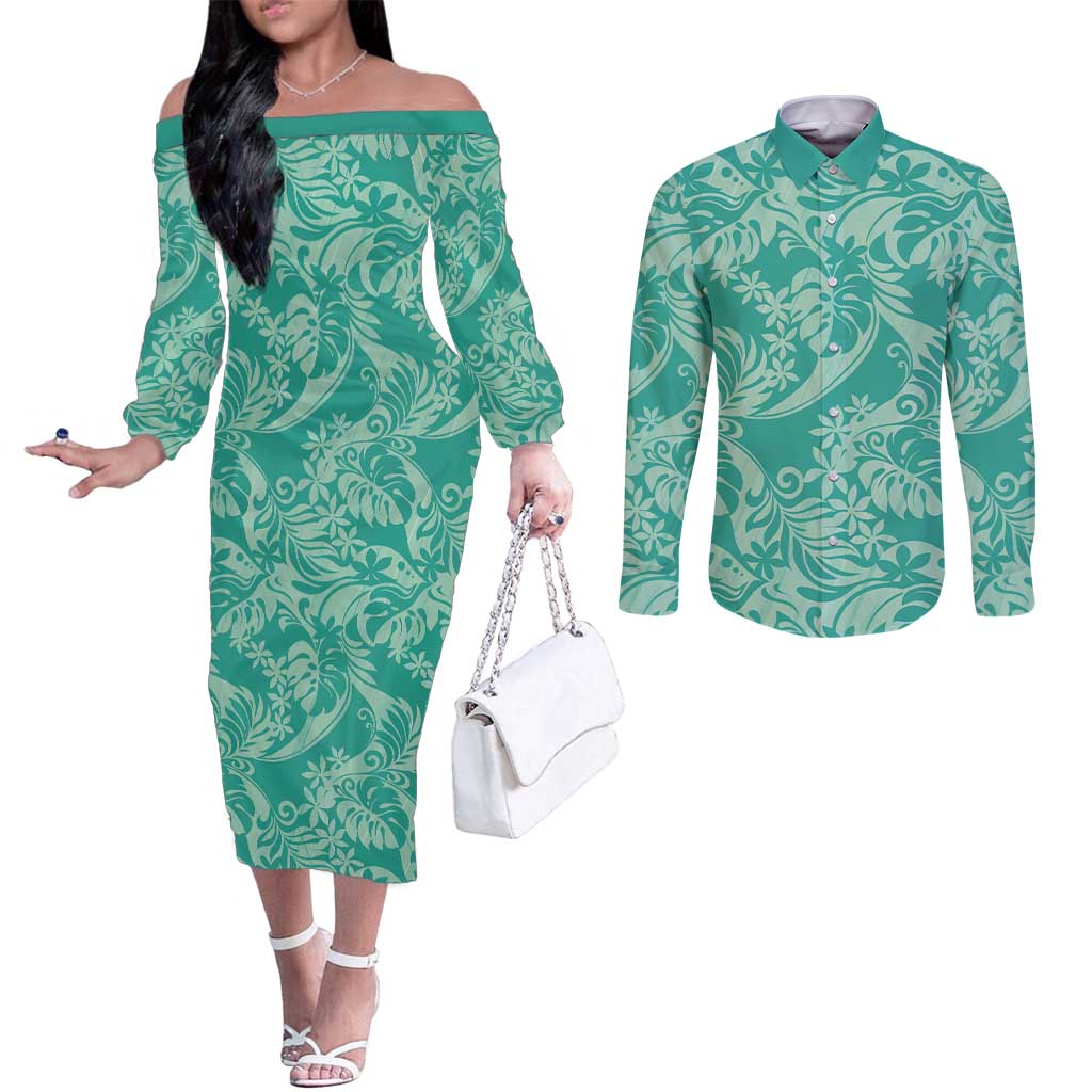 Tahiti Teal Tiare Floral Couples Matching Off The Shoulder Long Sleeve Dress and Long Sleeve Button Shirt Monstera Palm Tropical Leaves - Polynesian Pride