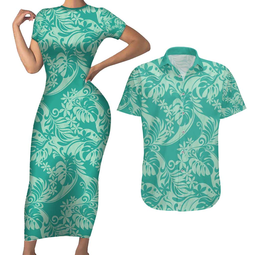 Tahiti Teal Tiare Floral Couples Matching Short Sleeve Bodycon Dress and Hawaiian Shirt Monstera Palm Tropical Leaves - Polynesian Pride