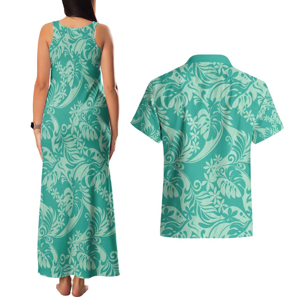 Tahiti Teal Tiare Floral Couples Matching Tank Maxi Dress and Hawaiian Shirt Monstera Palm Tropical Leaves - Polynesian Pride