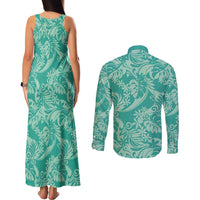 Tahiti Teal Tiare Floral Couples Matching Tank Maxi Dress and Long Sleeve Button Shirt Monstera Palm Tropical Leaves - Polynesian Pride