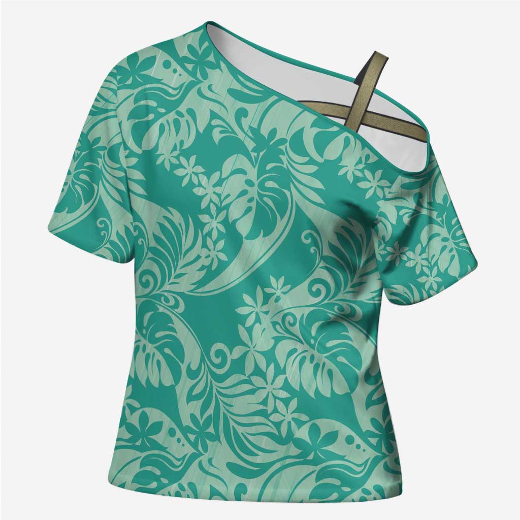 Tahiti Teal Tiare Floral Cross Shoulder Shirt Monstera Palm Tropical Leaves - Polynesian Pride