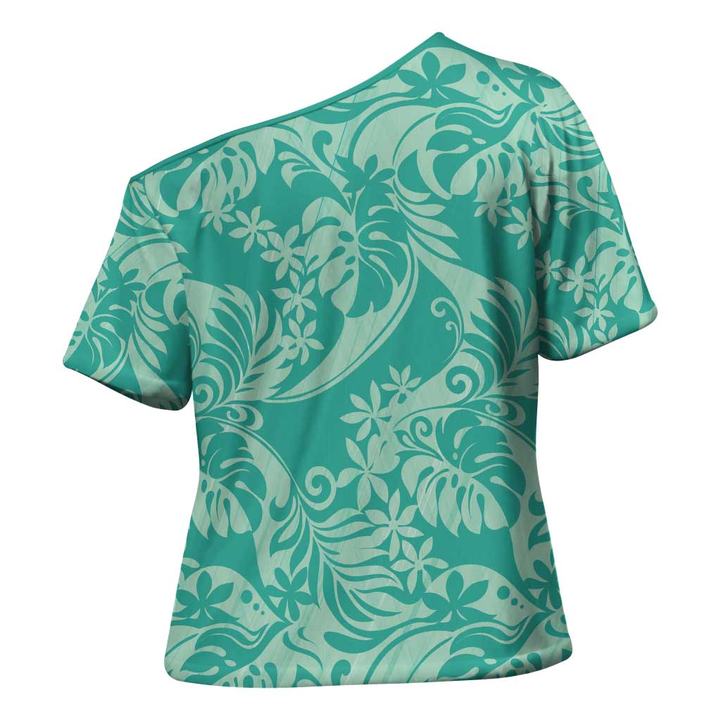 Tahiti Teal Tiare Floral Cross Shoulder Shirt Monstera Palm Tropical Leaves - Polynesian Pride