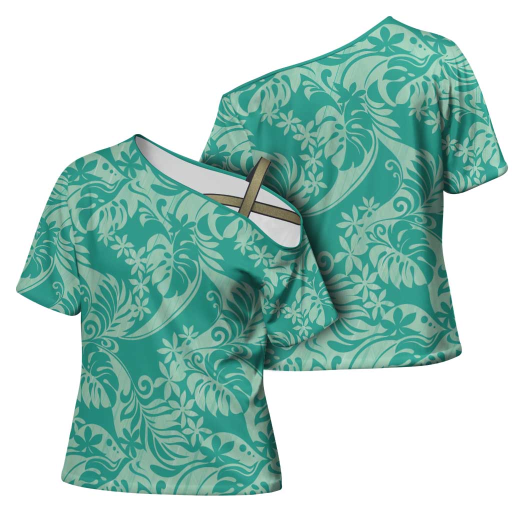 Tahiti Teal Tiare Floral Cross Shoulder Shirt Monstera Palm Tropical Leaves - Polynesian Pride