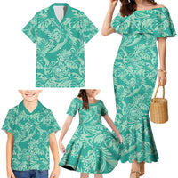 Tahiti Teal Tiare Floral Family Matching Mermaid Dress and Hawaiian Shirt Monstera Palm Tropical Leaves - Polynesian Pride