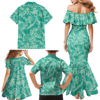 Tahiti Teal Tiare Floral Family Matching Mermaid Dress and Hawaiian Shirt Monstera Palm Tropical Leaves - Polynesian Pride