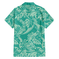 Tahiti Teal Tiare Floral Family Matching Off The Shoulder Long Sleeve Dress and Hawaiian Shirt Monstera Palm Tropical Leaves - Polynesian Pride