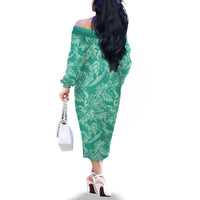 Tahiti Teal Tiare Floral Family Matching Off The Shoulder Long Sleeve Dress and Hawaiian Shirt Monstera Palm Tropical Leaves - Polynesian Pride