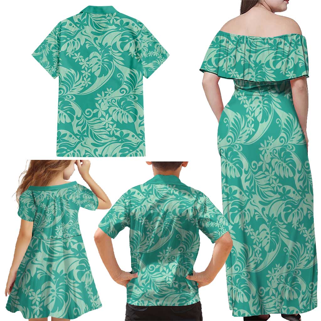 Tahiti Teal Tiare Floral Family Matching Off Shoulder Maxi Dress and Hawaiian Shirt Monstera Palm Tropical Leaves - Polynesian Pride
