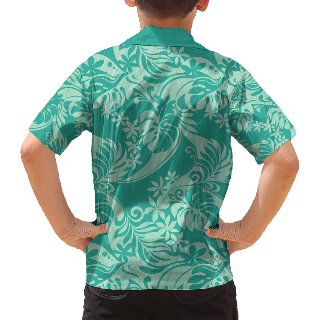 Tahiti Teal Tiare Floral Family Matching Off Shoulder Short Dress and Hawaiian Shirt Monstera Palm Tropical Leaves - Polynesian Pride