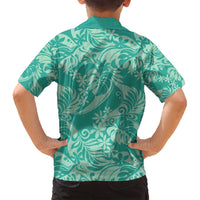 Tahiti Teal Tiare Floral Family Matching Off Shoulder Short Dress and Hawaiian Shirt Monstera Palm Tropical Leaves - Polynesian Pride