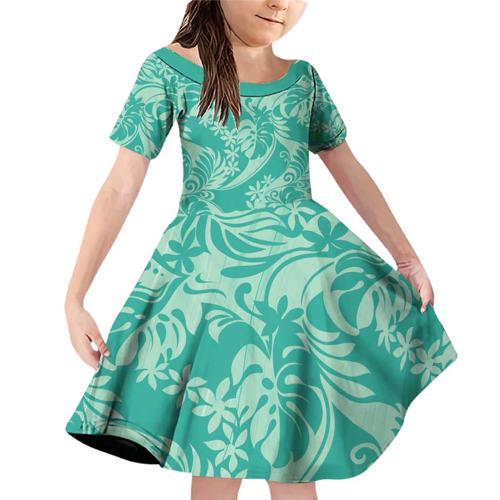 Tahiti Teal Tiare Floral Family Matching Off Shoulder Short Dress and Hawaiian Shirt Monstera Palm Tropical Leaves - Polynesian Pride
