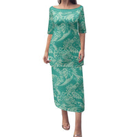 Tahiti Teal Tiare Floral Family Matching Puletasi and Hawaiian Shirt Monstera Palm Tropical Leaves - Polynesian Pride