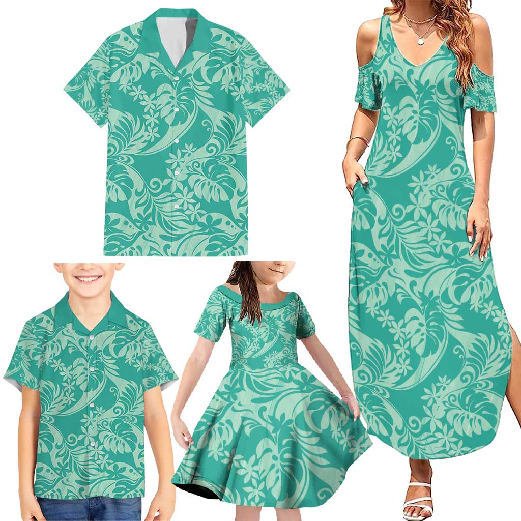 Tahiti Teal Tiare Floral Family Matching Summer Maxi Dress and Hawaiian Shirt Monstera Palm Tropical Leaves - Polynesian Pride