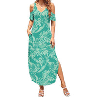 Tahiti Teal Tiare Floral Family Matching Summer Maxi Dress and Hawaiian Shirt Monstera Palm Tropical Leaves - Polynesian Pride