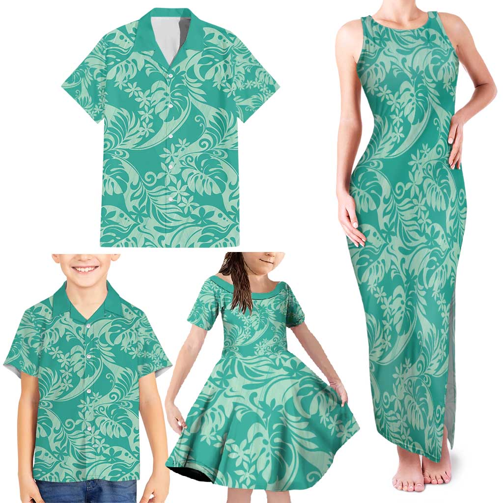 Tahiti Teal Tiare Floral Family Matching Tank Maxi Dress and Hawaiian Shirt Monstera Palm Tropical Leaves - Polynesian Pride