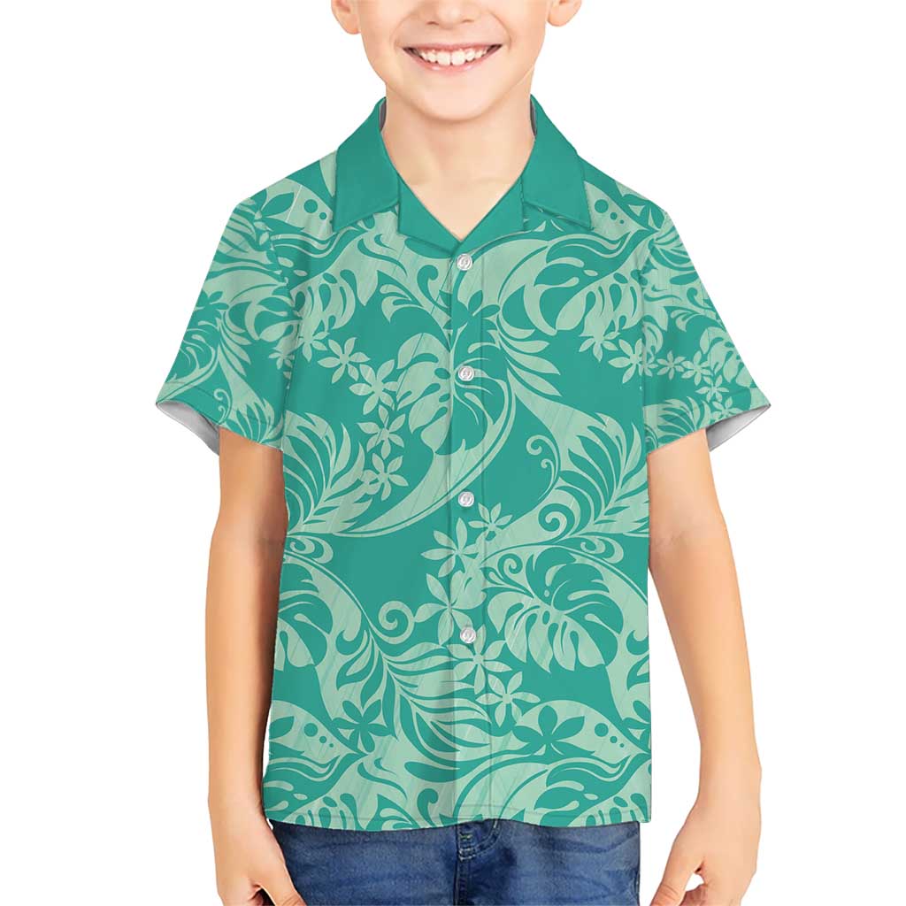 Tahiti Teal Tiare Floral Kid Hawaiian Shirt Monstera Palm Tropical Leaves - Polynesian Pride