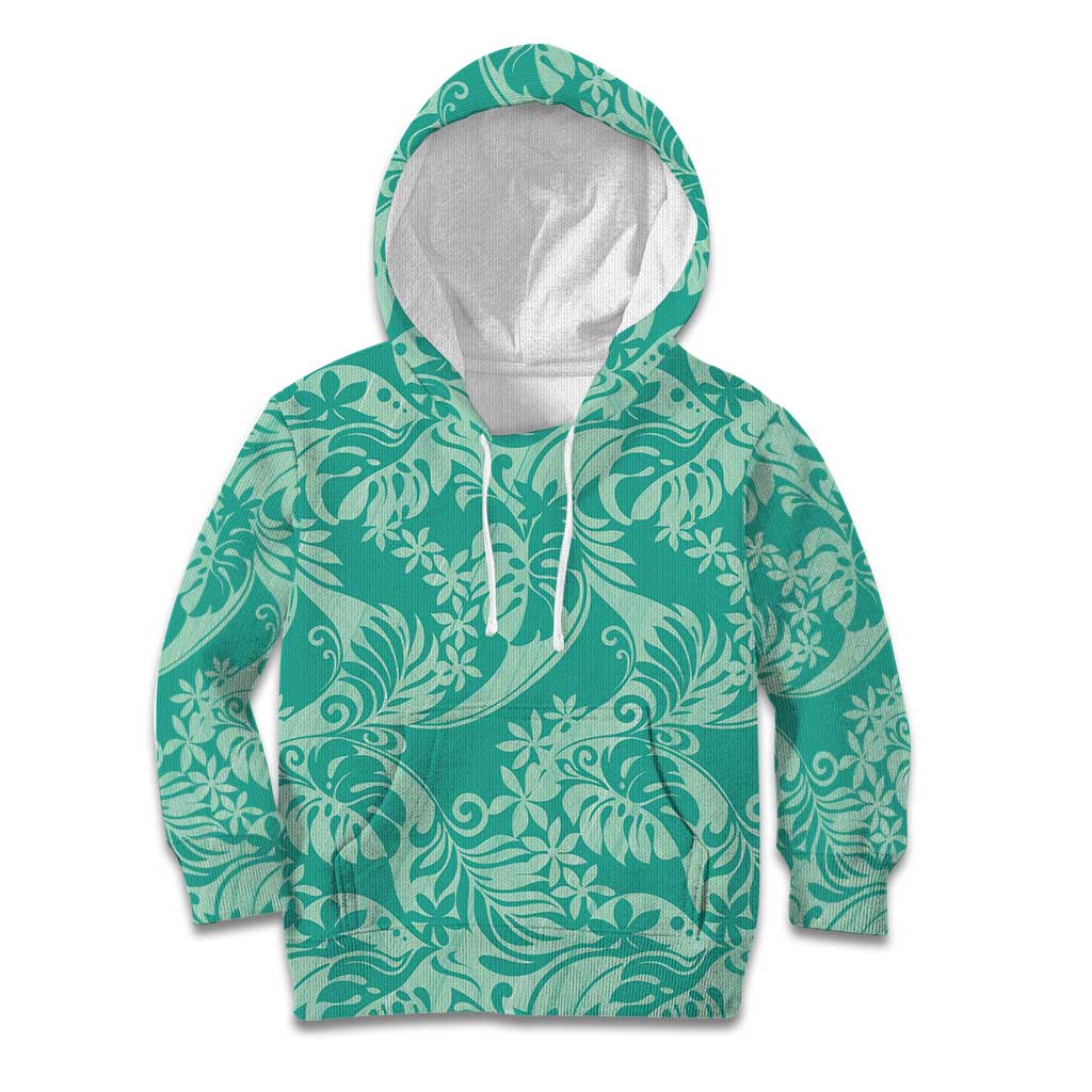 Tahiti Teal Tiare Floral Kid Hoodie Monstera Palm Tropical Leaves - Polynesian Pride