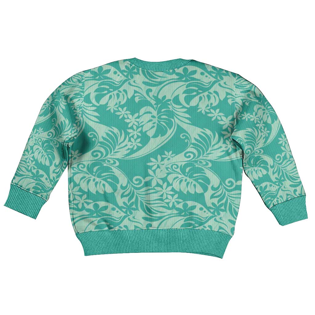 Tahiti Teal Tiare Floral Kid Ugly Christmas Sweater Monstera Palm Tropical Leaves - Polynesian Pride
