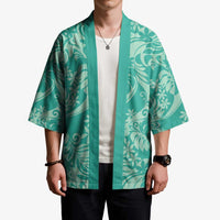 Tahiti Teal Tiare Floral Kimono Monstera Palm Tropical Leaves - Polynesian Pride