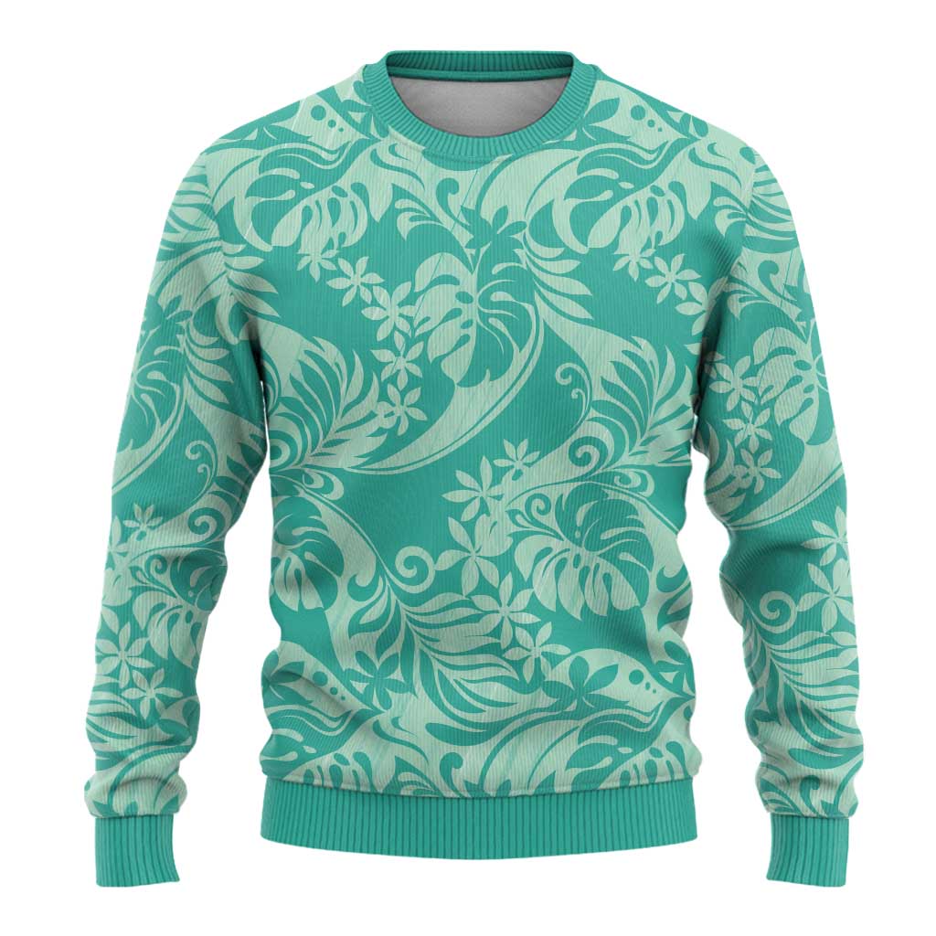 Tahiti Teal Tiare Floral Ugly Christmas Sweater Monstera Palm Tropical Leaves - Polynesian Pride