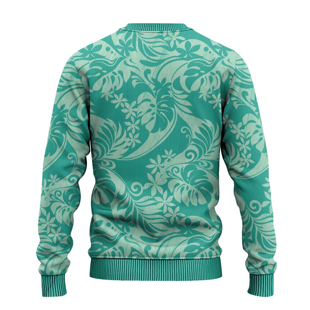 Tahiti Teal Tiare Floral Ugly Christmas Sweater Monstera Palm Tropical Leaves - Polynesian Pride