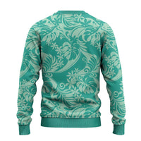 Tahiti Teal Tiare Floral Ugly Christmas Sweater Monstera Palm Tropical Leaves - Polynesian Pride