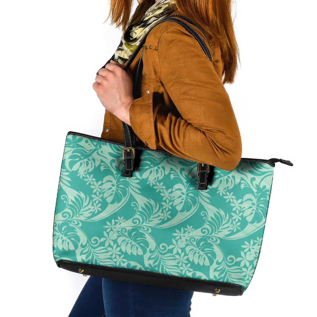 Tahiti Teal Tiare Floral Leather Tote Bag Monstera Palm Tropical Leaves - Polynesian Pride