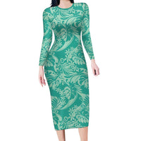 Tahiti Teal Tiare Floral Long Sleeve Bodycon Dress Monstera Palm Tropical Leaves - Polynesian Pride