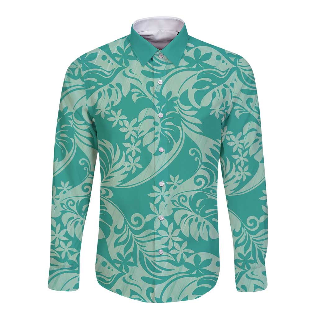 Tahiti Teal Tiare Floral Long Sleeve Button Shirt Monstera Palm Tropical Leaves - Polynesian Pride