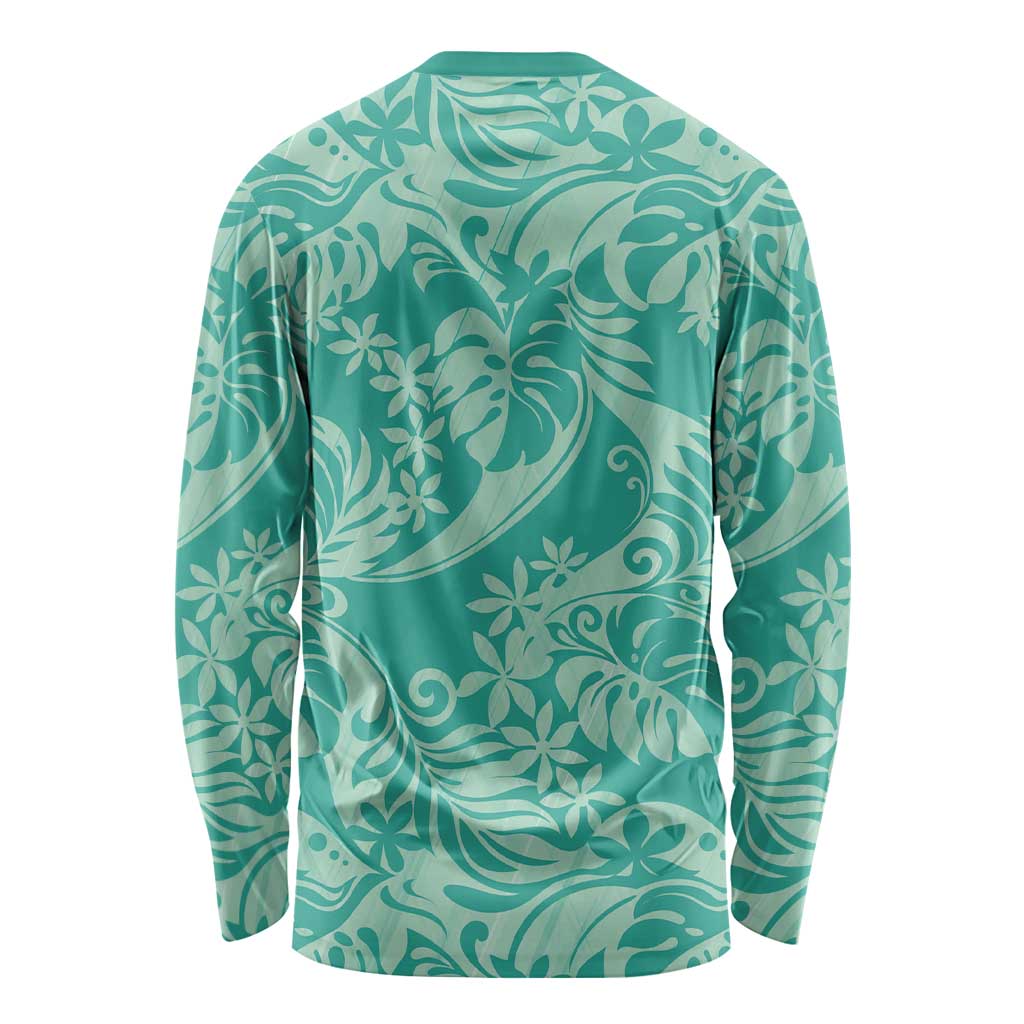 Tahiti Teal Tiare Floral Long Sleeve Shirt Monstera Palm Tropical Leaves - Polynesian Pride