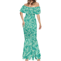 Tahiti Teal Tiare Floral Mermaid Dress Monstera Palm Tropical Leaves - Polynesian Pride