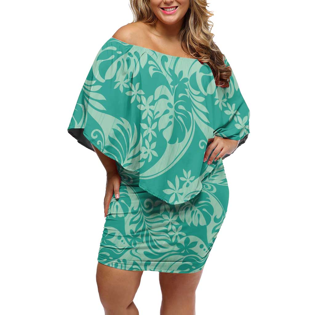 Tahiti Teal Tiare Floral Off Shoulder Short Dress Monstera Palm Tropical Leaves - Polynesian Pride